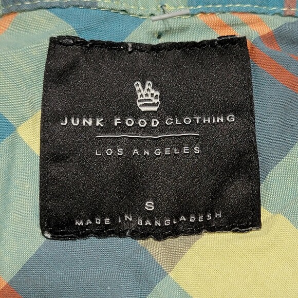 Junk Food Clothing Full Button SS Blouse - Blue & Orange Check Pattern - Small - Picture 4 of 5